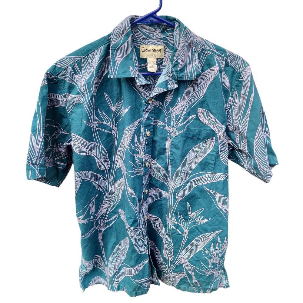 Cooke Street Honolulu Mens Teal Pink Palm Leaf Cotton Hawaiian Shirt Medium